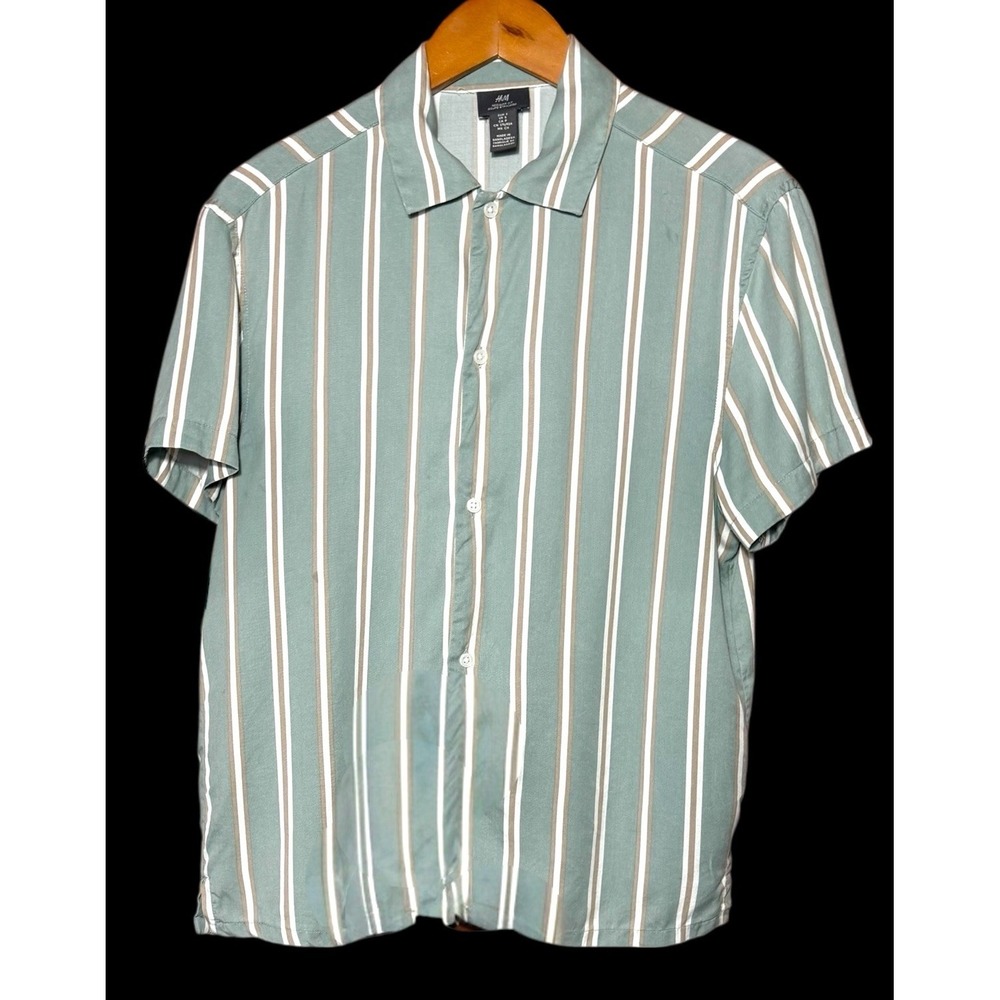 H&M Men's Regular Fit Vertical Stripe Button Down Shirt‎ Green White Sz S Preppy